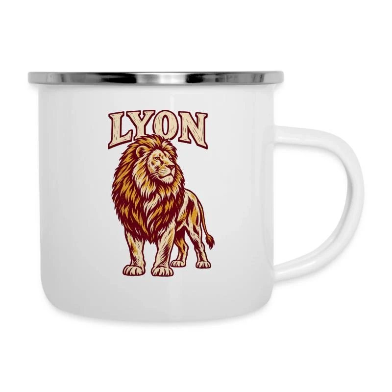 Lyon, lion au style gravure — Tasse émaillée, blanc