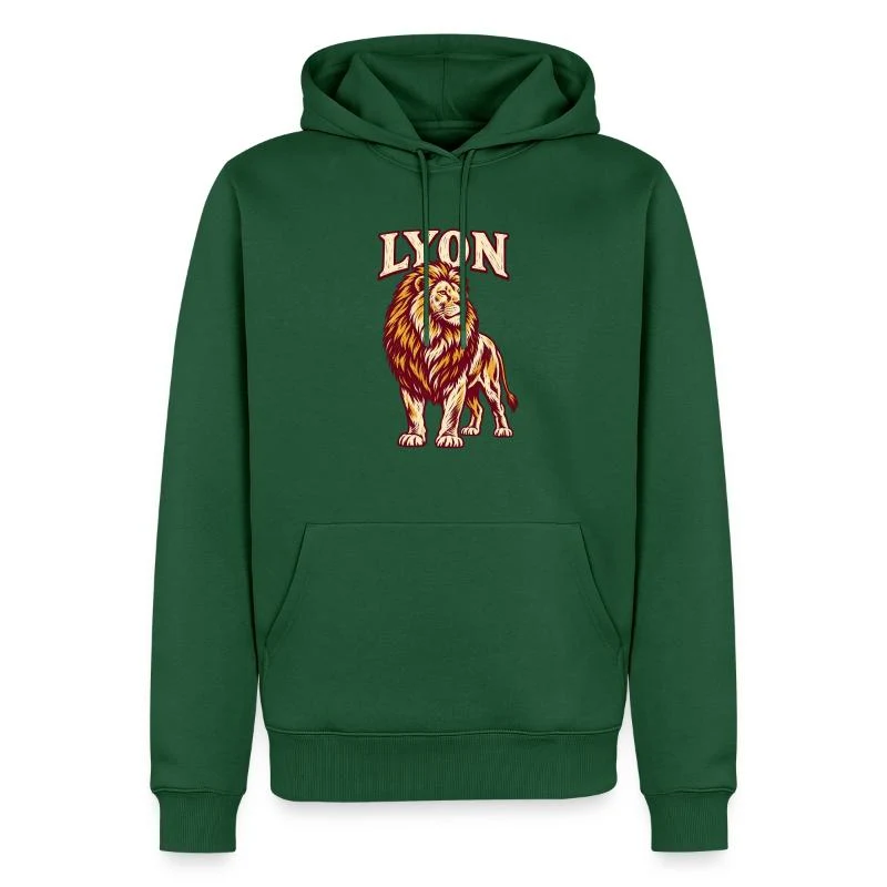 Lyon, lion au style gravure — Sweat à capuche Premium bio Homme, vert bouteille