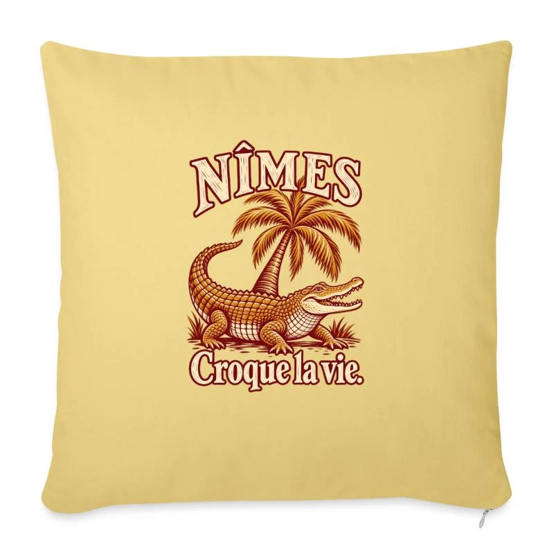Nîmes, crocodile et palmier — Housse de coussin décorative 45 x 45 cm, jaune délavé