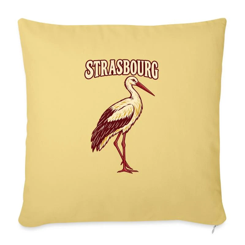 Strasbourg, cigogne alsacienne — Housse de coussin décorative 45 x 45 cm, jaune délavé