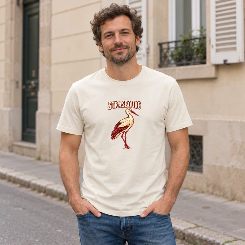 Strasbourg, cigogne alsacienne — T-shirt Premium bio Homme, blanc cassé