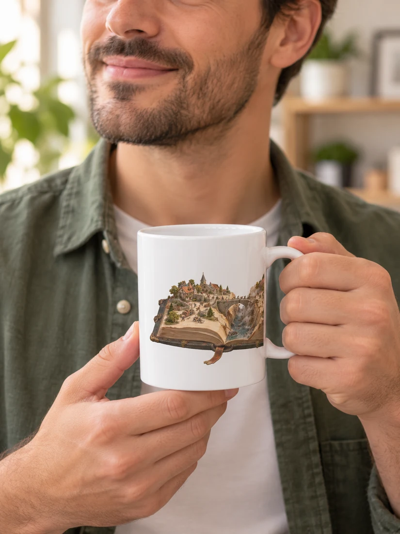 Séisme entre les pages du livre — Mug classique présenté par une personne fictive