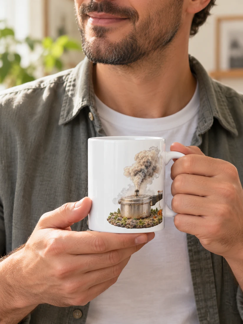 L’éruption de midi sous pression — Mug classique présenté par une personne fictive