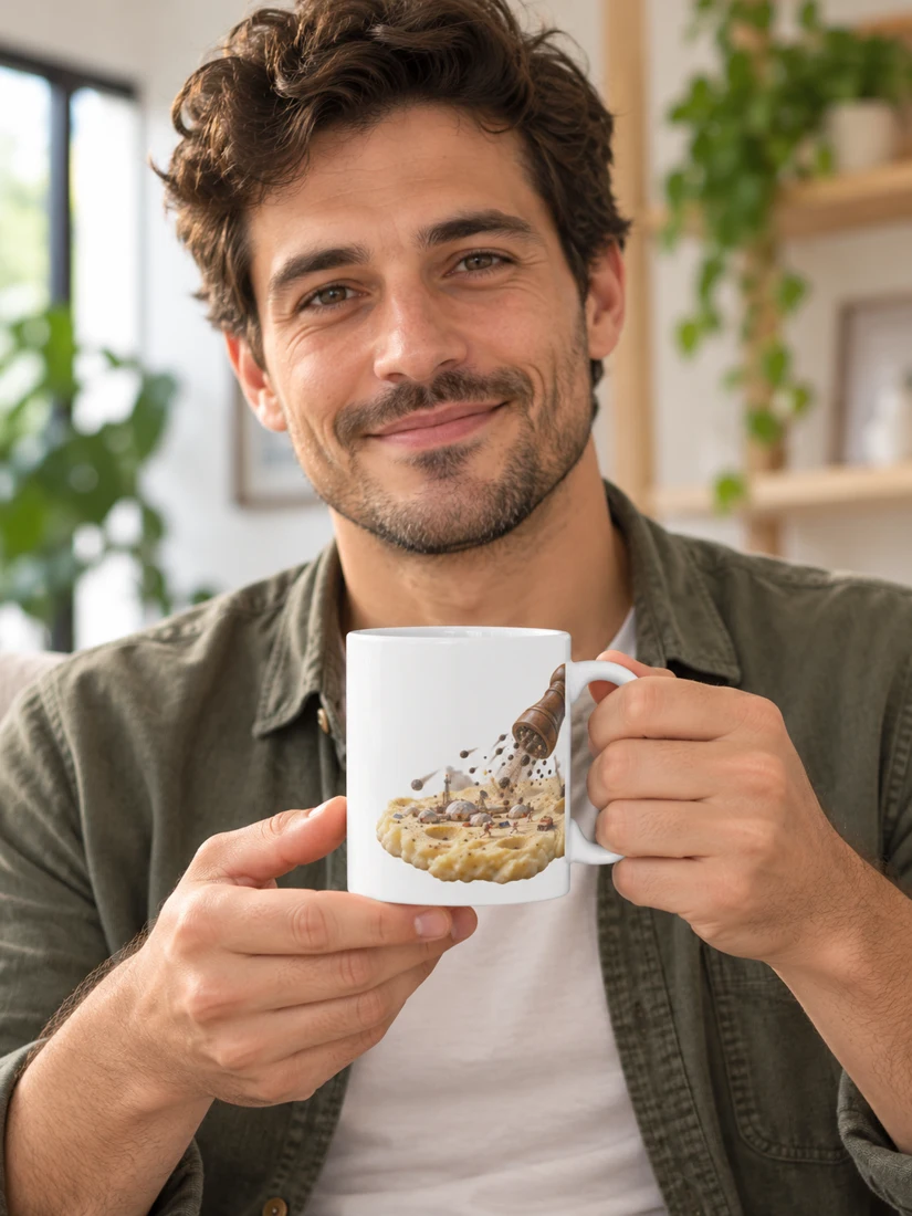 Alerte aux météorites de poivre — Mug classique présenté par une personne fictive