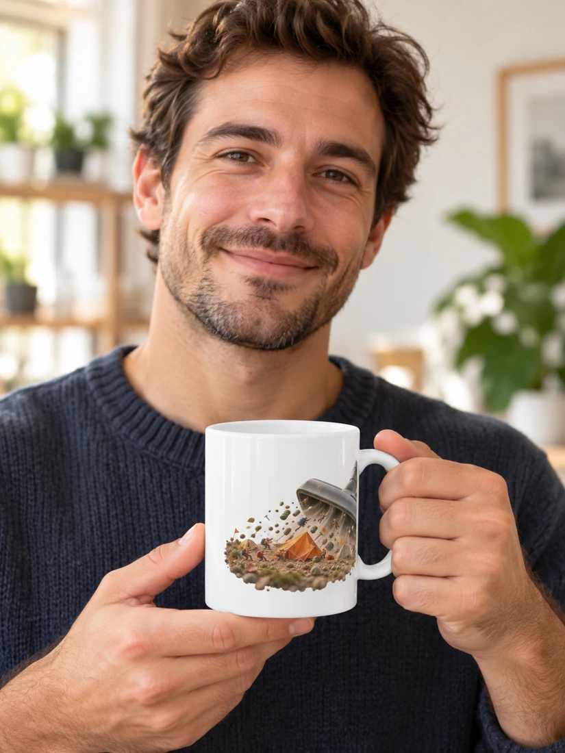 Le grand engloutissement du campement — Mug classique présenté par une personne fictive