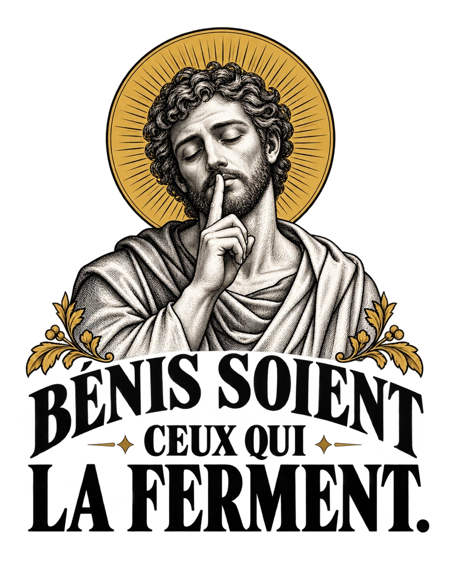 Bénis soient ceux qui la ferment : saint faisant chut, gravure noire et auréole ocre