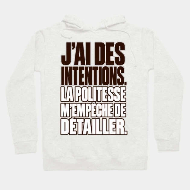 J&rsquo;ai des intentions. La politesse m&rsquo;emp&ecirc;che de d&eacute;tailler. &mdash; Sweat &agrave; capuche, 