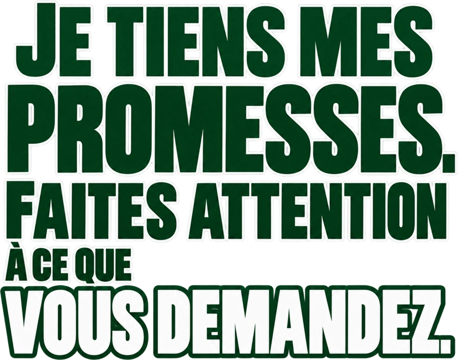 Message typographique : Je tiens mes promesses. Faites attention à ce que vous demandez.