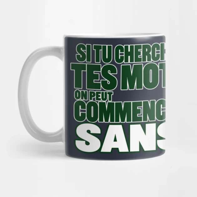 Si tu cherches tes mots, on peut commencer sans. &mdash; Mug, Motif sur fond bleu nuit