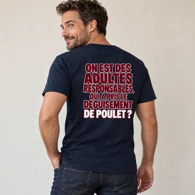 Mise en situation : On est des adultes responsables. Qui a pris le déguisement de poulet ? — T-shirt classique, Bleu marine