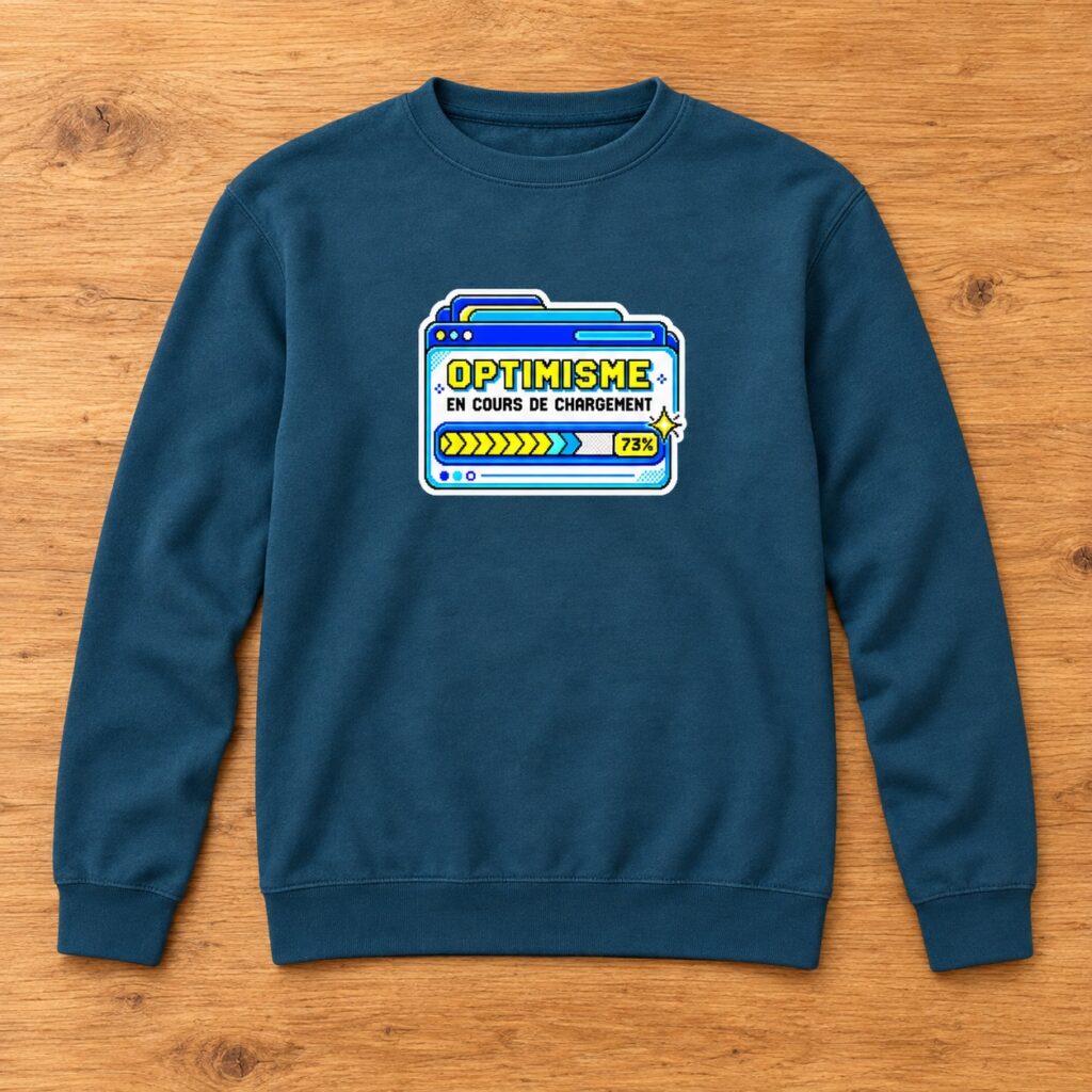Sweat bleu sombre LaZENco avec le texte Optimisme en cours de chargement et une barre de progression rétro