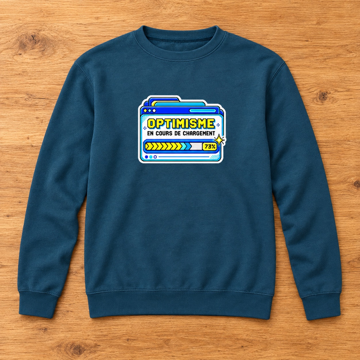 Sweat bleu sombre LaZENco avec une barre de progression rétro et le texte Optimisme en cours de chargement