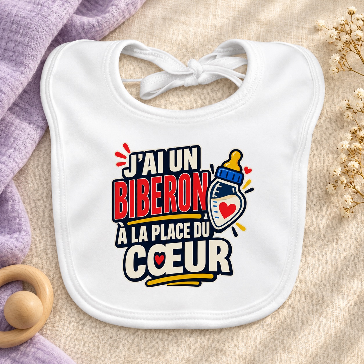 Bavoir blanc à nouer avec l’inscription « J’ai un biberon à la place du cœur » et un biberon illustré