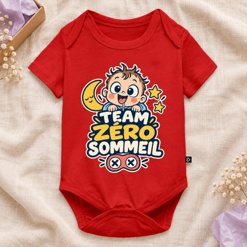 Body rouge à manches courtes avec le motif bébé, lune et étoiles « Team zéro sommeil »