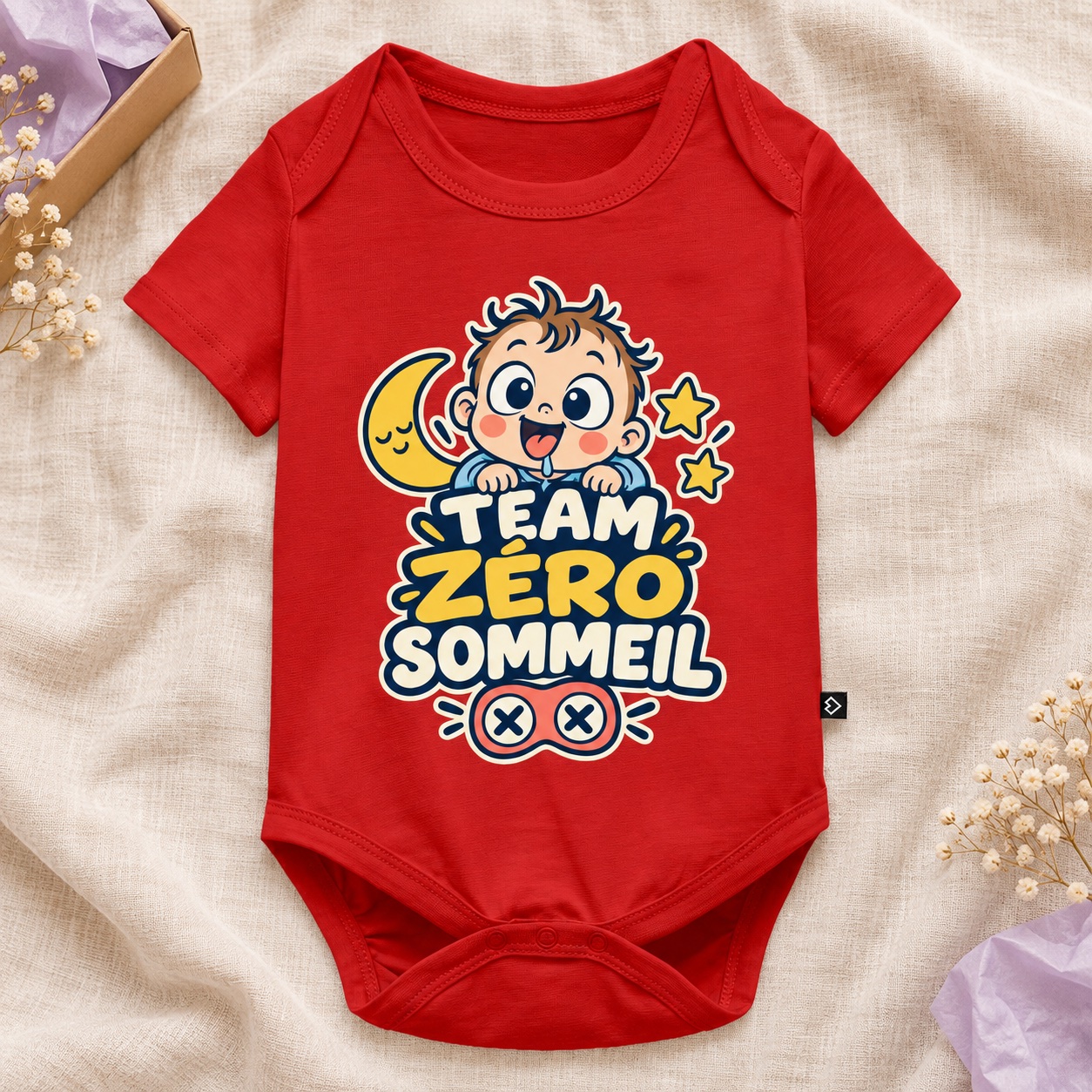 Body rouge à manches courtes avec le motif bébé, lune et étoiles « Team zéro sommeil »