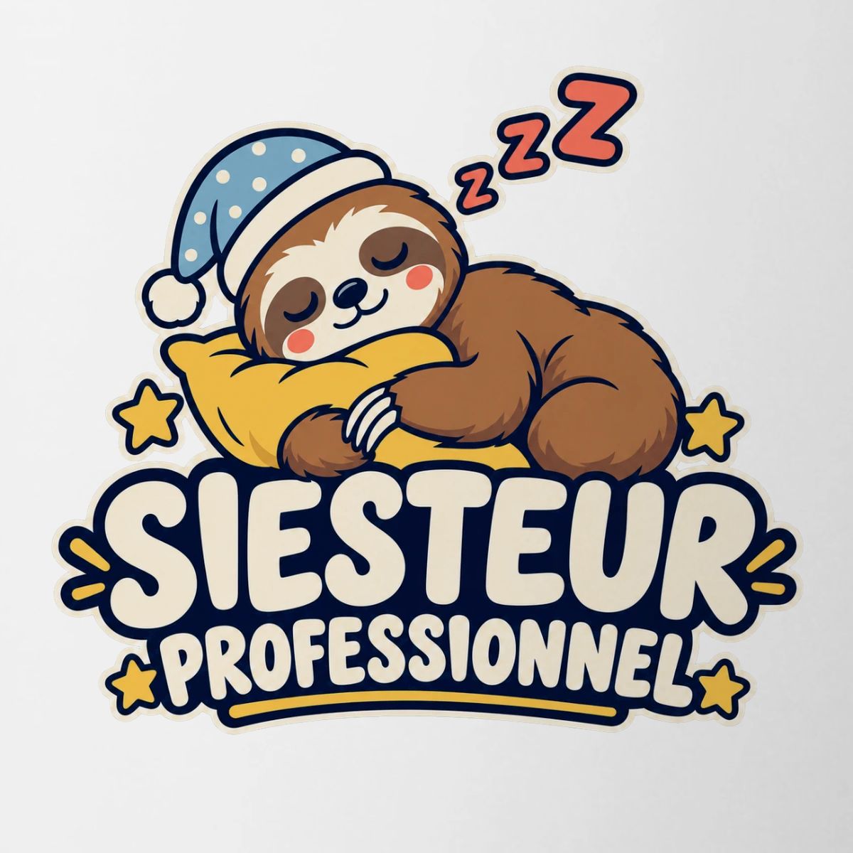 Détail du motif : paresseux endormi sur un oreiller et inscription Siesteur professionnel