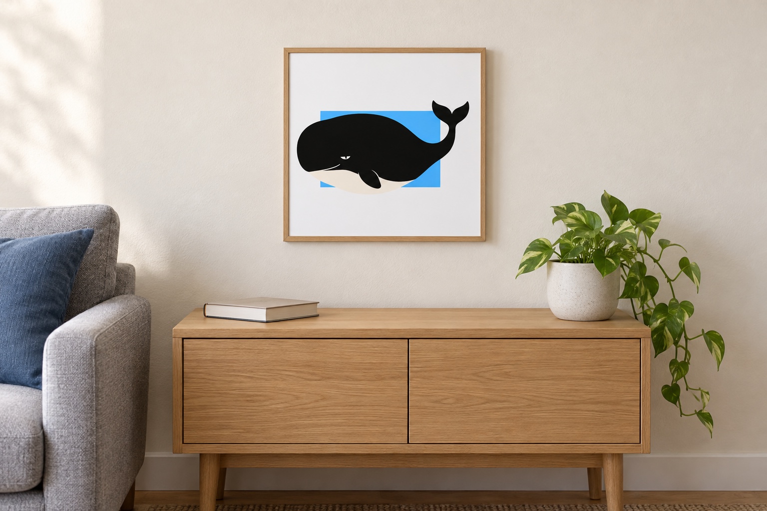 Poster carré Baleine trop ronde pour le cadre au-dessus d’un petit meuble en bois, près d’un canapé gris et d’un coussin bleu
