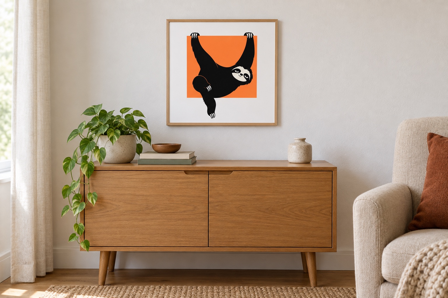 Poster carré Paresseux suspendu au bord du cadre dans un coin détente avec un fauteuil beige et un coussin brun orangé