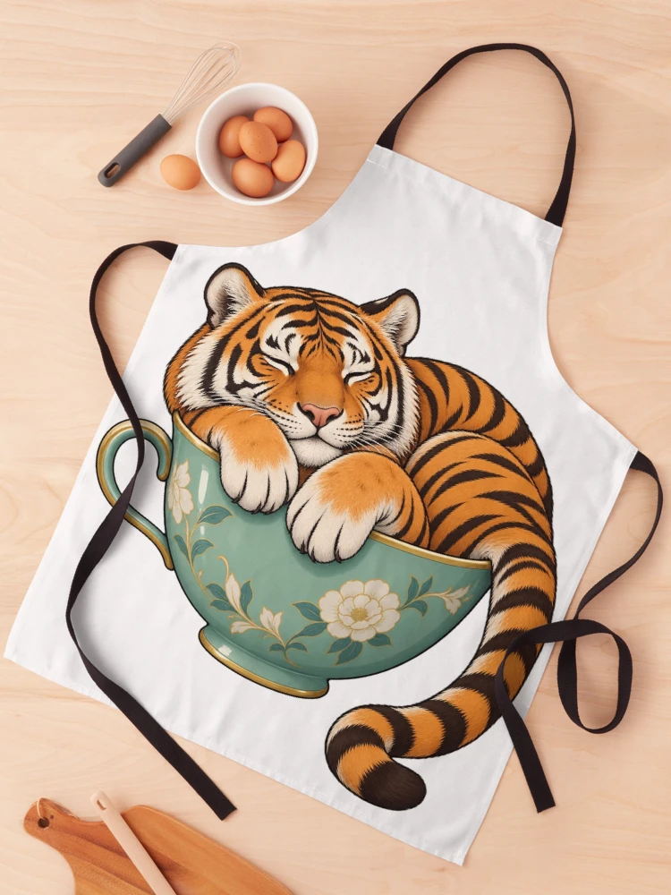 Tablier blanc Tigre endormi dans une tasse fleurie, illustration orange et turquoise imprimée sur toute la surface