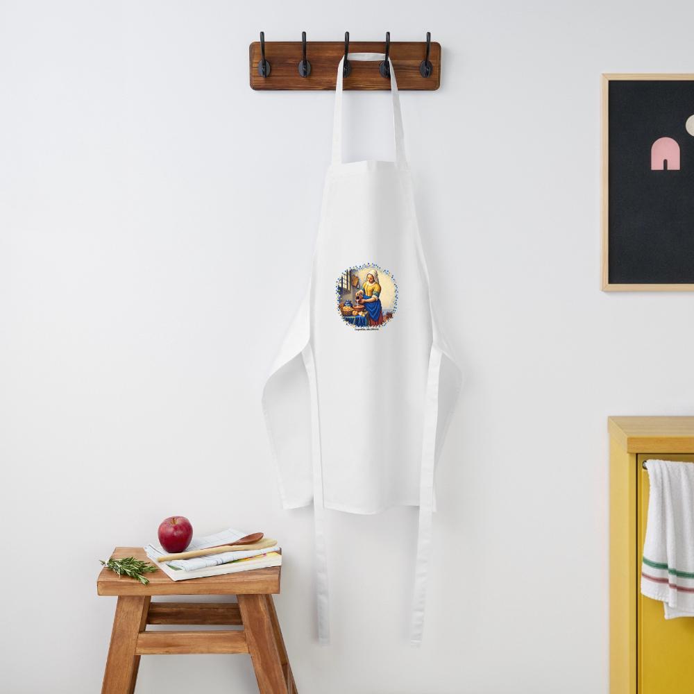 Tablier blanc LaZENco portant au centre La Laitière de Vermeer revisitée en pixel art