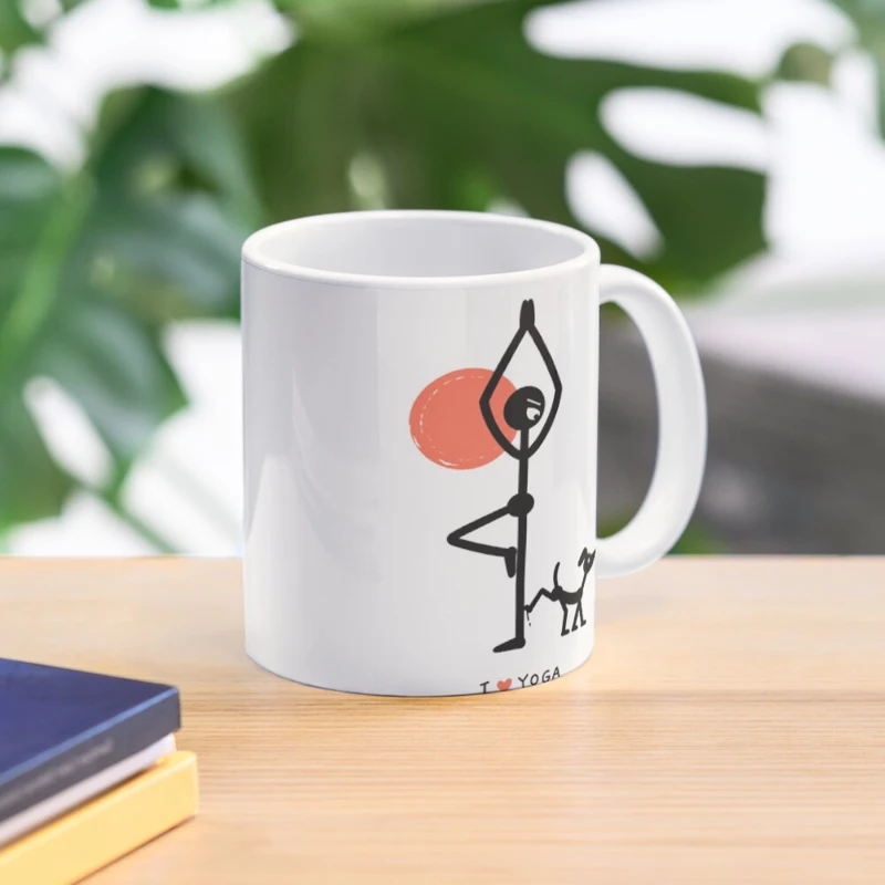 Mug blanc illustré de la posture de l’arbre et d’un petit chien