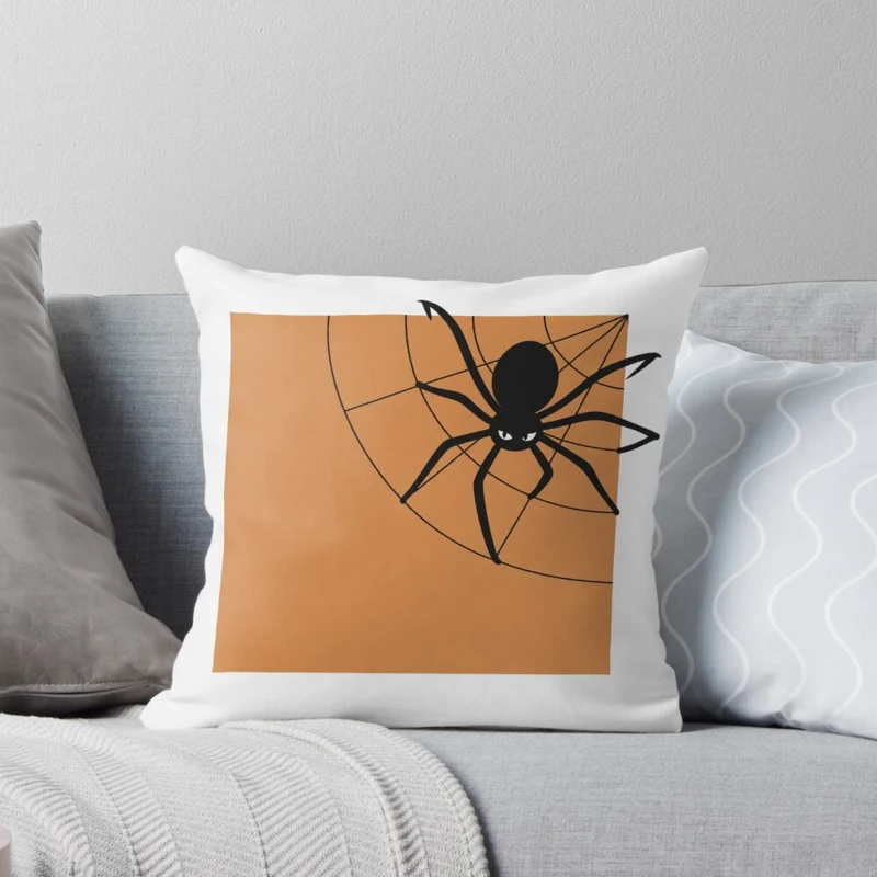 Coussin blanc LaZENco sur un canapé, avec une araignée noire et sa toile sur un carré orange