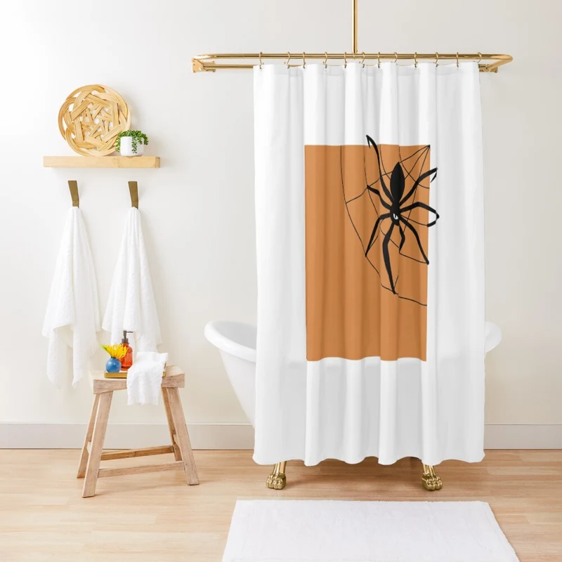 Rideau de douche blanc LaZENco portant une grande araignée noire sur un carré orange
