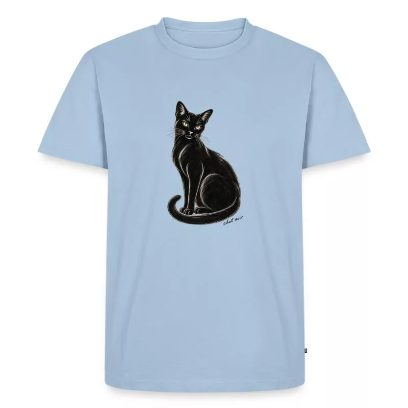 T-shirt bleu clair LaZENco avec un chat noir dessiné au fusain, bien contrasté sur le tissu