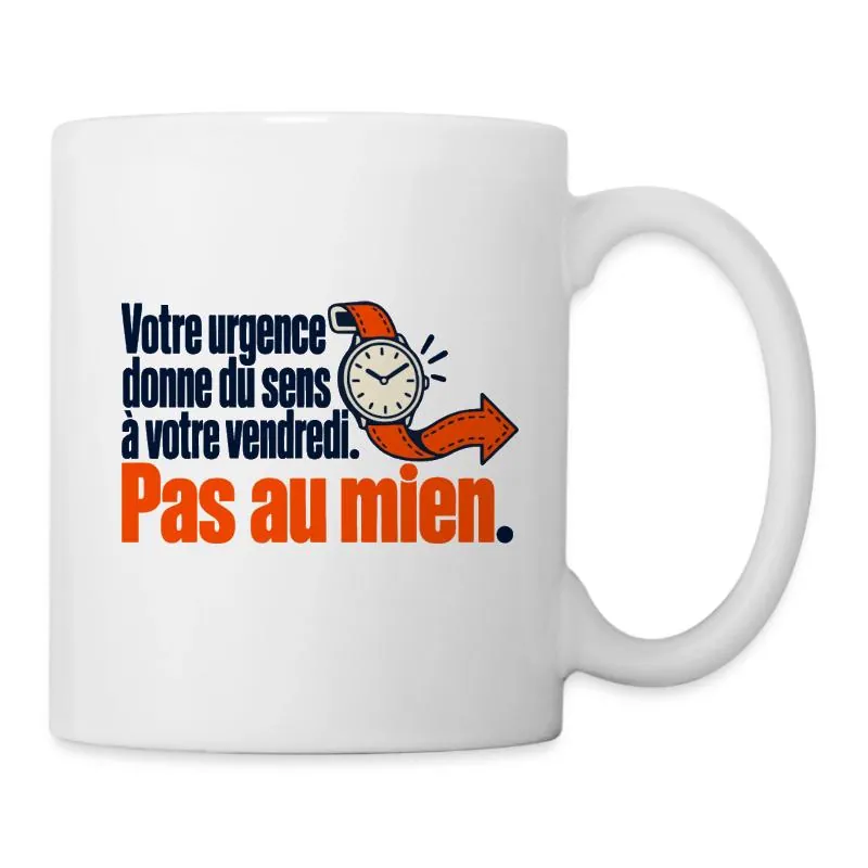Mug blanc LaZENco avec une montre orange et un message humoristique sur les urgences du vendredi
